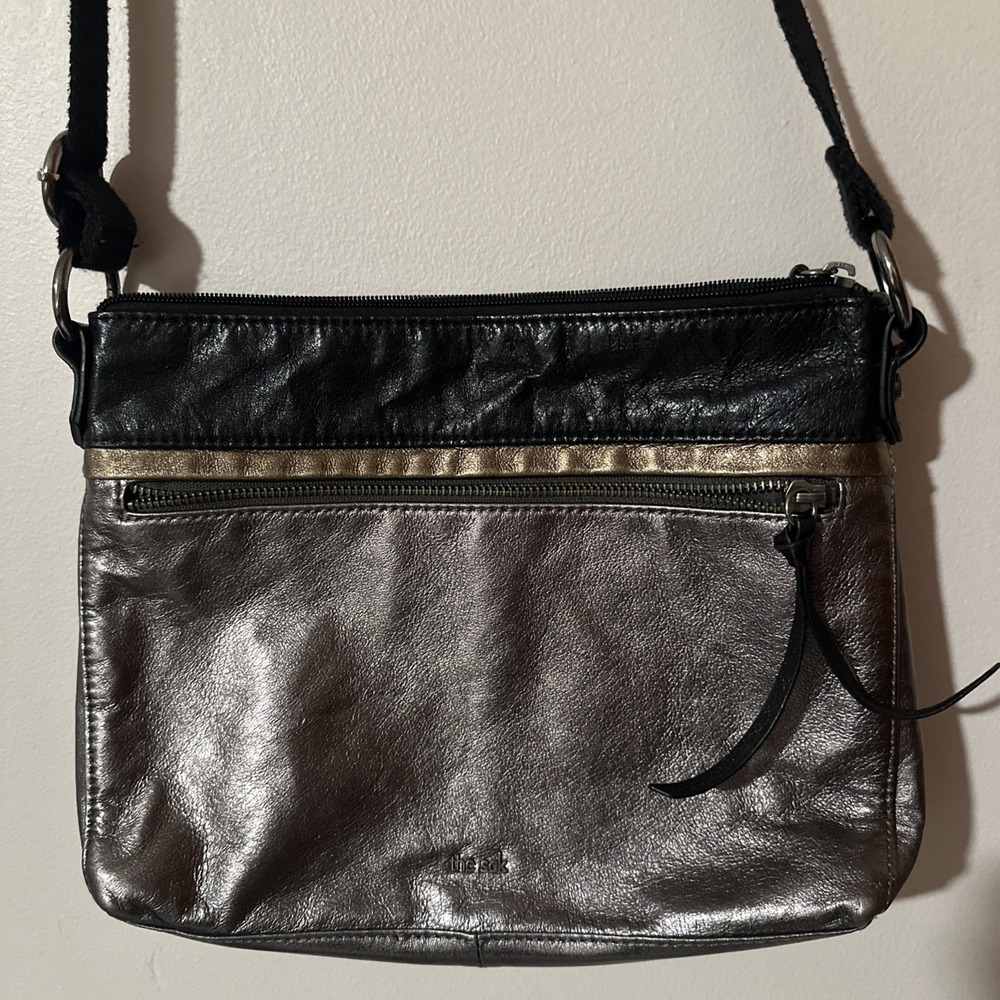 The Sak Reseda Silver Gold Black Leather Embossed Crossbody Bag Triple Zipper